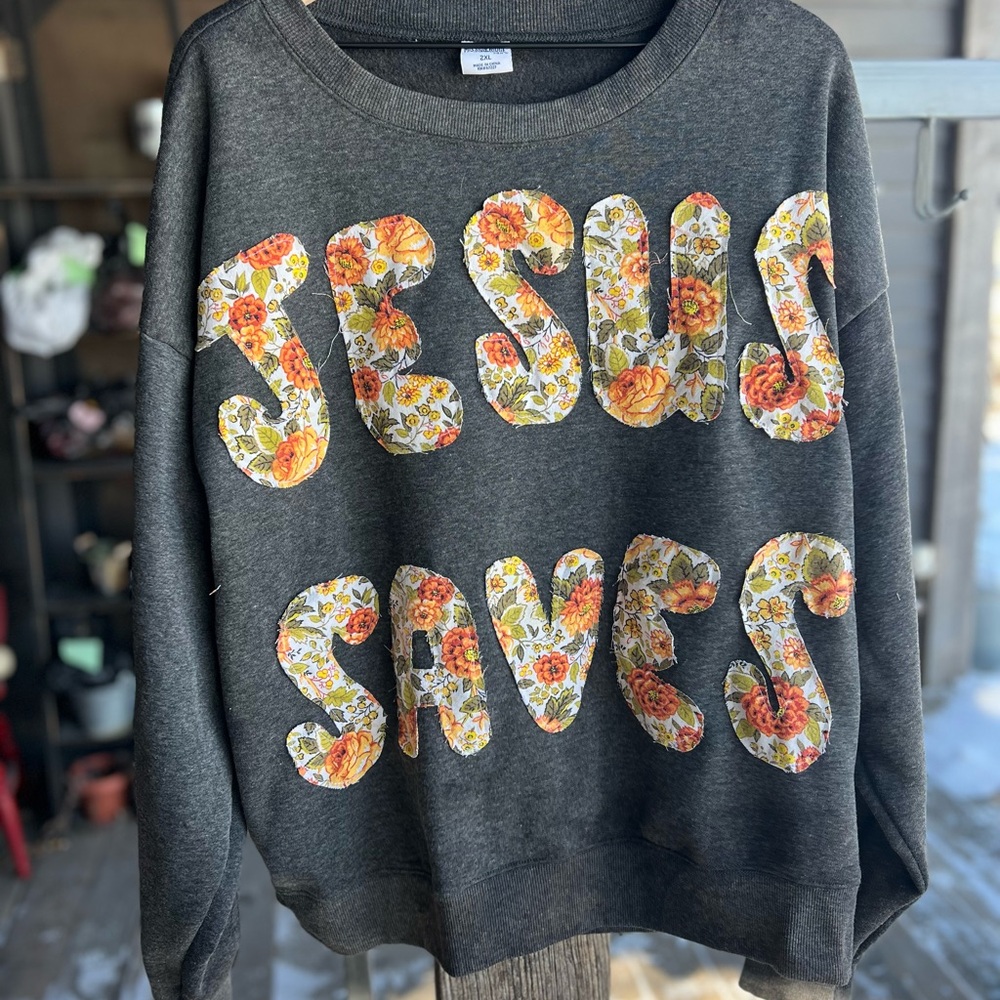 Jesus Saves Patchwork Crewneck Gray Letters Floral Orange Yellow - Picture 3 of 5